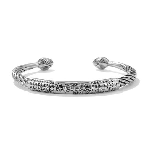 Men Women Vintage Six-Character Mantra Open Bangle Silver Twisted Cuff Heart Sutra Bracelet