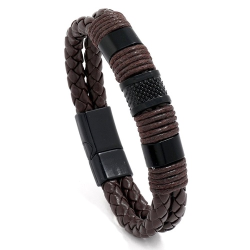 New Punk Black Brown Braid Leather Bracelets Men Cool Stainless Steel Bracelets