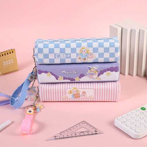    printed fresh cute multi-color canvas pencil case square kawaii pencil bag for kids