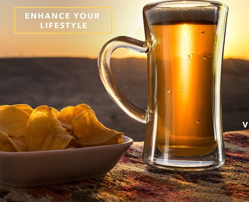 Beer Mug, Insulated Double Walled Glass Stein, Premium Packaging for Gifting, 13.5-Ounce