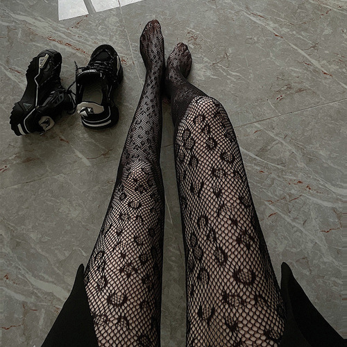 High Elastic Women's Fishnet Tights Sexy Mesh Hollow Pantyhose, Luxury Black Letter Stockings