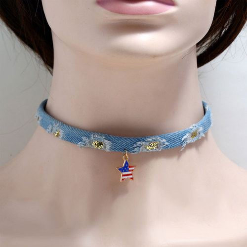  4th of July Independence Day Choker Necklace Jewelry Creative Punk Jean Painted USA Flag Star Heart Choker Neckla