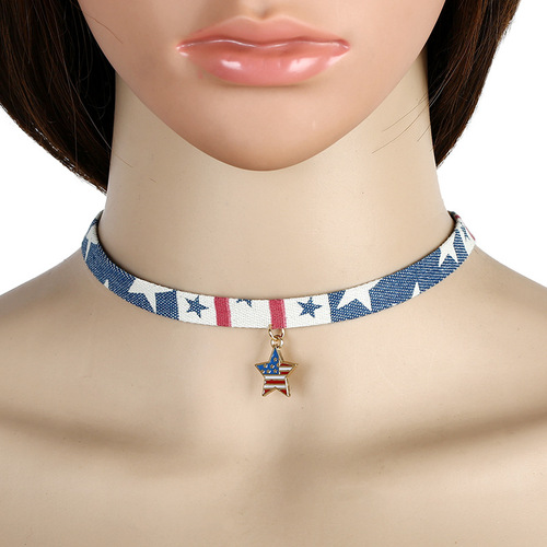  4th of July Independence Day Choker Necklace Jewelry Creative Punk Jean Painted USA Flag Star Heart Choker Neckla