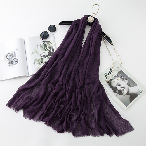   Classic Pure Color Wrinkled Short Beard Cotton Hemp Muslim Shawls Scarf