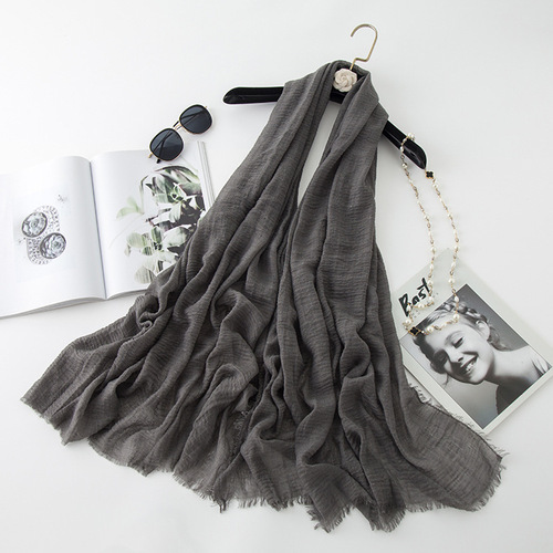   Classic Pure Color Wrinkled Short Beard Cotton Hemp Muslim Shawls Scarf