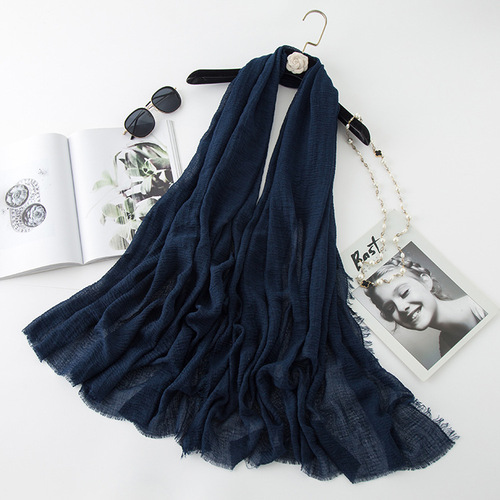   Classic Pure Color Wrinkled Short Beard Cotton Hemp Muslim Shawls Scarf