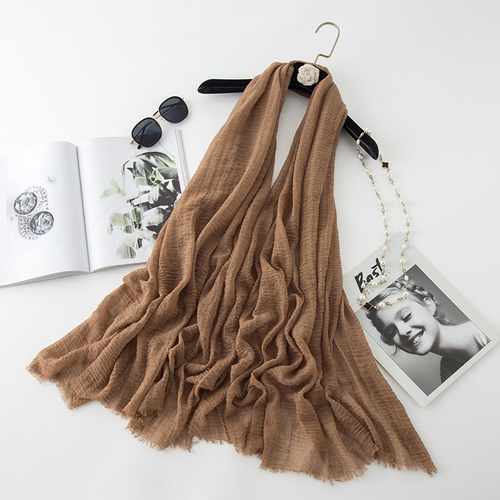   Classic Pure Color Wrinkled Short Beard Cotton Hemp Muslim Shawls Scarf