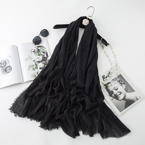   Classic Pure Color Wrinkled Short Beard Cotton Hemp Muslim Shawls Scarf