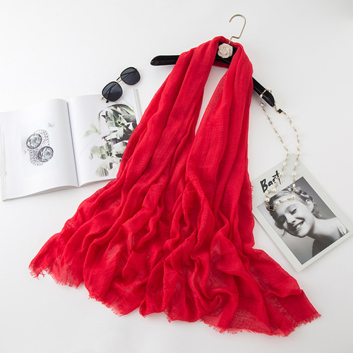   Classic Pure Color Wrinkled Short Beard Cotton Hemp Muslim Shawls Scarf