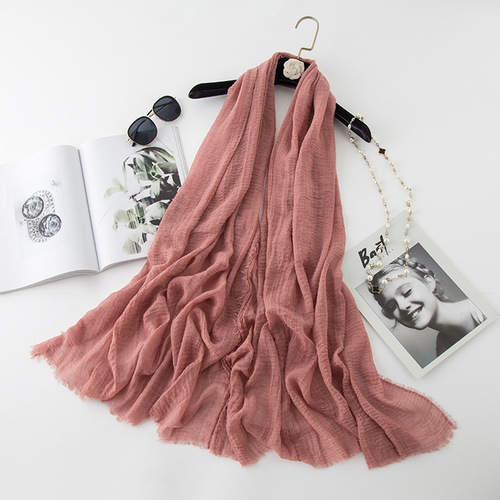   Classic Pure Color Wrinkled Short Beard Cotton Hemp Muslim Shawls Scarf