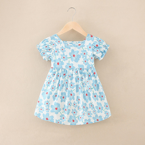  Little Girl Sweet Clothing Dress O-Neck Short Cuffs Sleeve Floral Casual Dress 