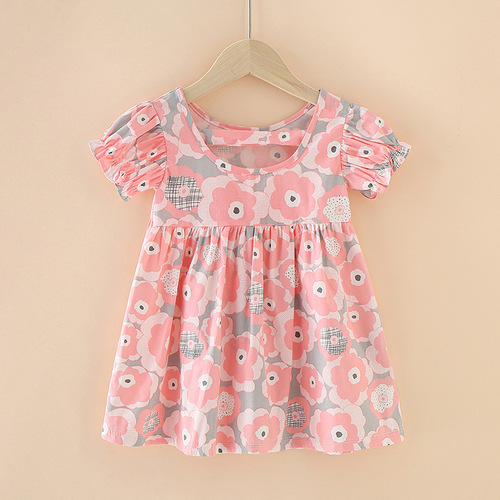  Little Girl Sweet Clothing Dress O-Neck Short Cuffs Sleeve Floral Casual Dress 