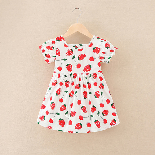  Little Girl Sweet Clothing Dress O-Neck Short Cuffs Sleeve Floral Casual Dress 