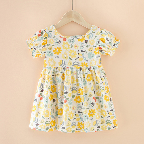  Little Girl Sweet Clothing Dress O-Neck Short Cuffs Sleeve Floral Casual Dress 