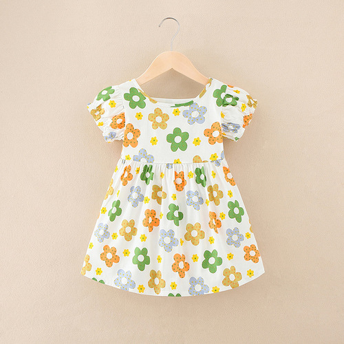  Little Girl Sweet Clothing Dress O-Neck Short Cuffs Sleeve Floral Casual Dress 