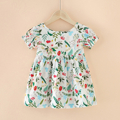  Little Girl Sweet Clothing Dress O-Neck Short Cuffs Sleeve Floral Casual Dress 