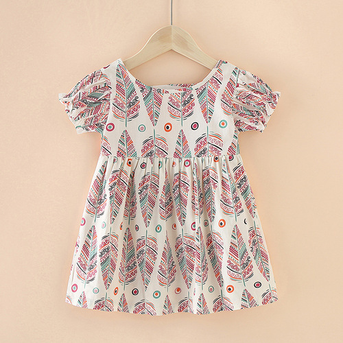  Little Girl Sweet Clothing Dress O-Neck Short Cuffs Sleeve Floral Casual Dress 