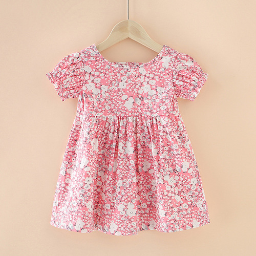  Little Girl Sweet Clothing Dress O-Neck Short Cuffs Sleeve Floral Casual Dress 