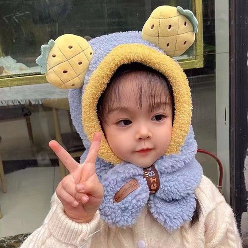 Cartoon Fruit Decoration Ear Fleece Plush Hat Scarf 2 in 1 Set Girls Boys Winter Cute Warm Long Hoodie Ear Flap Hat