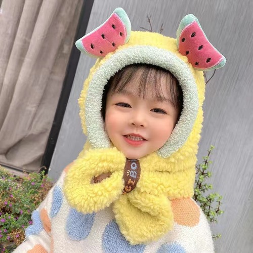 Cartoon Fruit Decoration Ear Fleece Plush Hat Scarf 2 in 1 Set Girls Boys Winter Cute Warm Long Hoodie Ear Flap Hat
