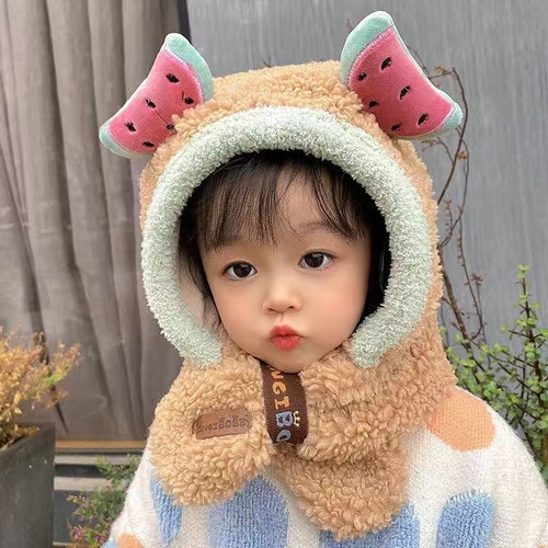 Cartoon Fruit Decoration Ear Fleece Plush Hat Scarf 2 in 1 Set Girls Boys Winter Cute Warm Long Hoodie Ear Flap Hat