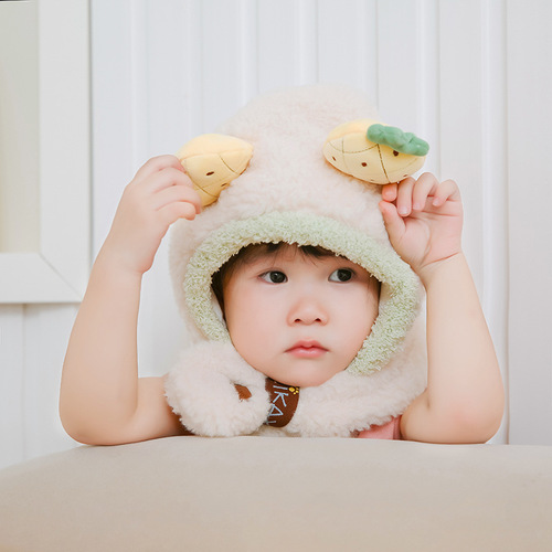 Cartoon Fruit Decoration Ear Fleece Plush Hat Scarf 2 in 1 Set Girls Boys Winter Cute Warm Long Hoodie Ear Flap Hat