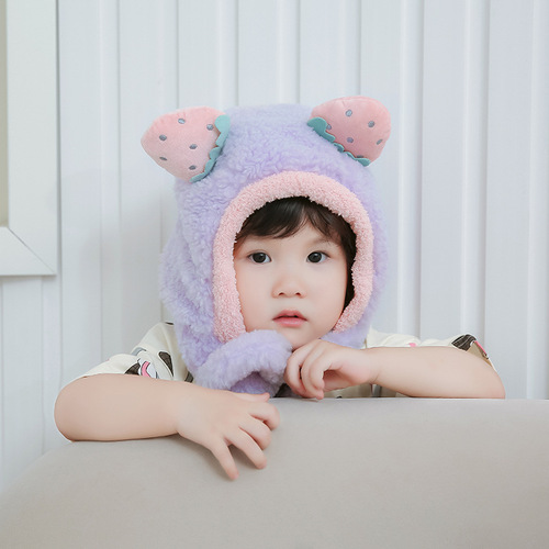 Cartoon Fruit Decoration Ear Fleece Plush Hat Scarf 2 in 1 Set Girls Boys Winter Cute Warm Long Hoodie Ear Flap Hat