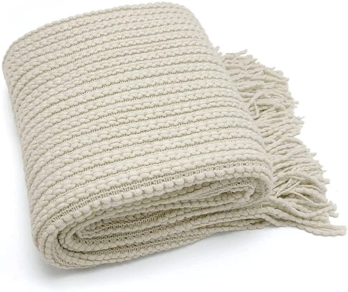 100% Acrylic Decorative Weave Throw Blanket Extra Soft Knitted Blanket with Tassels Textured Blanket for Sofa Couch