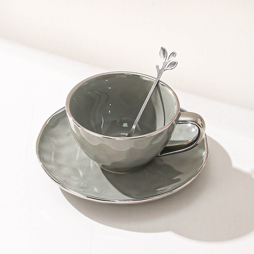 Light Luxury Coffee Cup Ceramic Nordic Wind Electroplated Silver Edge Delicate Afternoon Tea Coffee Cup And Dish Set Who