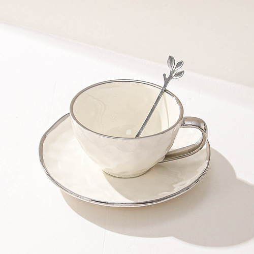 Light Luxury Coffee Cup Ceramic Nordic Wind Electroplated Silver Edge Delicate Afternoon Tea Coffee Cup And Dish Set Who