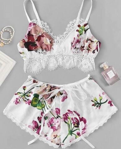  satin flower printed Satin Pajamas Set Lace Trim Top and Shorts Lingerie Pj Set girls valentine women's sleepwear
