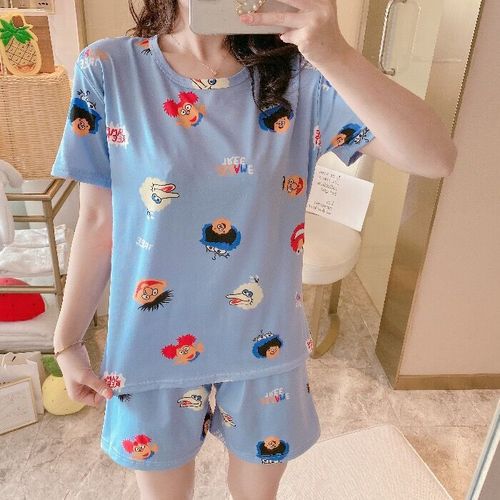 Summer Women's Cartoon Print Pajamas Ladies Pajamas Short Sleeve Shorts Sleepwear Girls Cute Printing Home Wear onesie w