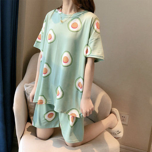 Summer Women's Cartoon Print Pajamas Ladies Pajamas Short Sleeve Shorts Sleepwear Girls Cute Printing Home Wear onesie w