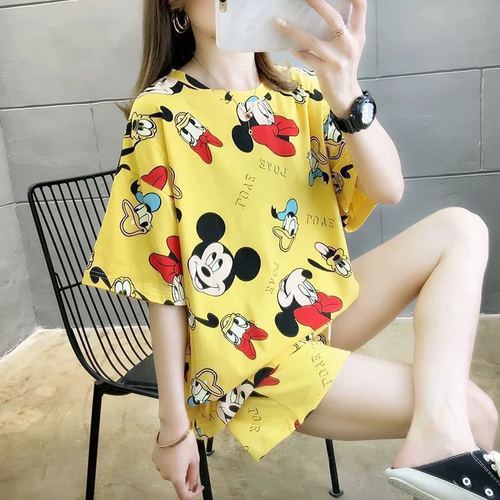 Summer Women's Cartoon Print Pajamas Ladies Pajamas Short Sleeve Shorts Sleepwear Girls Cute Printing Home Wear onesie w