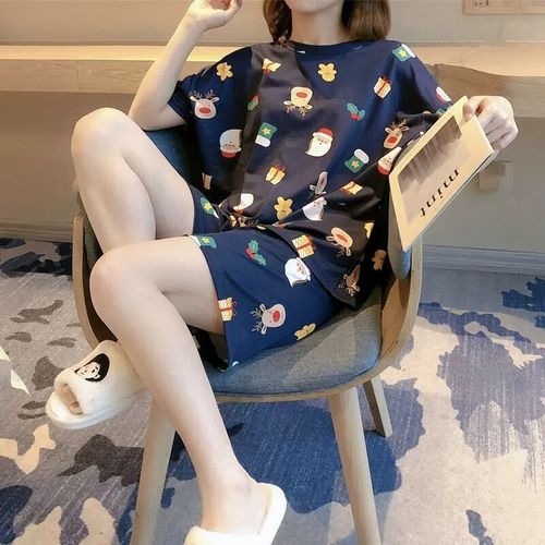 Summer Women's Cartoon Print Pajamas Ladies Pajamas Short Sleeve Shorts Sleepwear Girls Cute Printing Home Wear onesie w