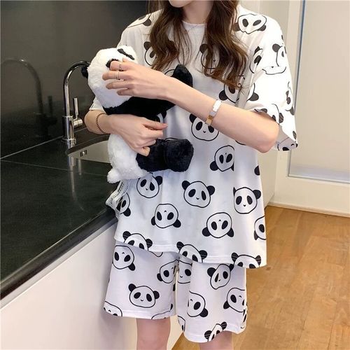 Summer Women's Cartoon Print Pajamas Ladies Pajamas Short Sleeve Shorts Sleepwear Girls Cute Printing Home Wear onesie w