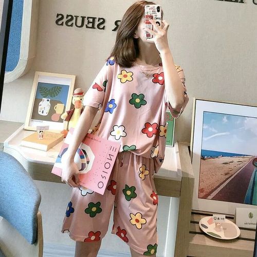 Summer Women's Cartoon Print Pajamas Ladies Pajamas Short Sleeve Shorts Sleepwear Girls Cute Printing Home Wear onesie w