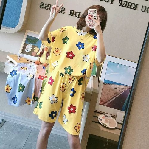 Summer Women's Cartoon Print Pajamas Ladies Pajamas Short Sleeve Shorts Sleepwear Girls Cute Printing Home Wear onesie w