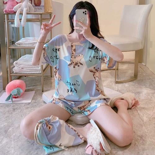 Summer Women's Cartoon Print Pajamas Ladies Pajamas Short Sleeve Shorts Sleepwear Girls Cute Printing Home Wear onesie w