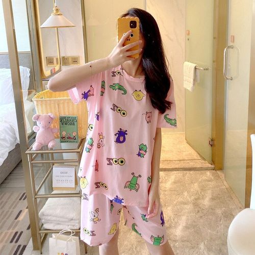 Summer Women's Cartoon Print Pajamas Ladies Pajamas Short Sleeve Shorts Sleepwear Girls Cute Printing Home Wear onesie w