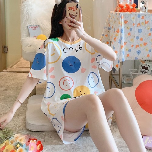 Summer Women's Cartoon Print Pajamas Ladies Pajamas Short Sleeve Shorts Sleepwear Girls Cute Printing Home Wear onesie w