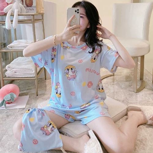 Summer Women's Cartoon Print Pajamas Ladies Pajamas Short Sleeve Shorts Sleepwear Girls Cute Printing Home Wear onesie w