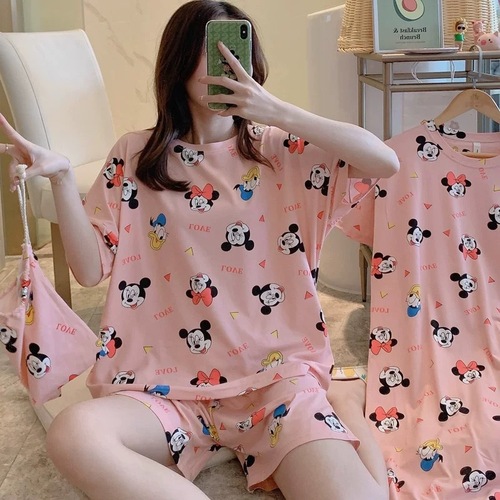 Summer Women's Cartoon Print Pajamas Ladies Pajamas Short Sleeve Shorts Sleepwear Girls Cute Printing Home Wear onesie w