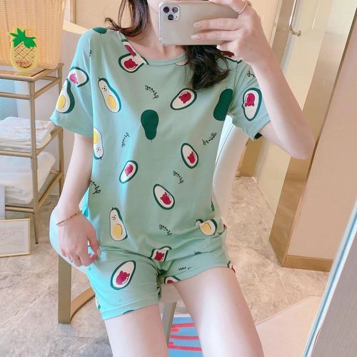 Summer Women's Cartoon Print Pajamas Ladies Pajamas Short Sleeve Shorts Sleepwear Girls Cute Printing Home Wear onesie w