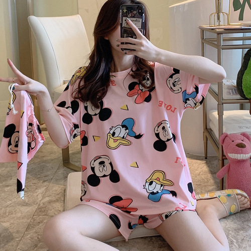 Summer Women's Cartoon Print Pajamas Ladies Pajamas Short Sleeve Shorts Sleepwear Girls Cute Printing Home Wear onesie w