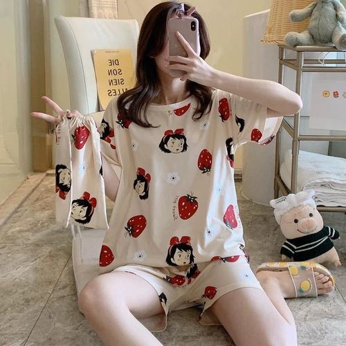 Summer Women's Cartoon Print Pajamas Ladies Pajamas Short Sleeve Shorts Sleepwear Girls Cute Printing Home Wear onesie w