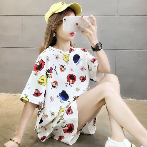 Summer Women's Cartoon Print Pajamas Ladies Pajamas Short Sleeve Shorts Sleepwear Girls Cute Printing Home Wear onesie w