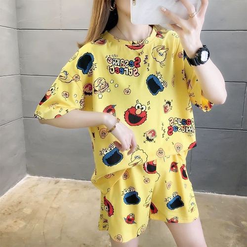 Summer Women's Cartoon Print Pajamas Ladies Pajamas Short Sleeve Shorts Sleepwear Girls Cute Printing Home Wear onesie w