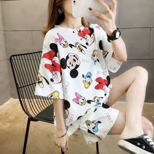 Summer Women's Cartoon Print Pajamas Ladies Pajamas Short Sleeve Shorts Sleepwear Girls Cute Printing Home Wear onesie w