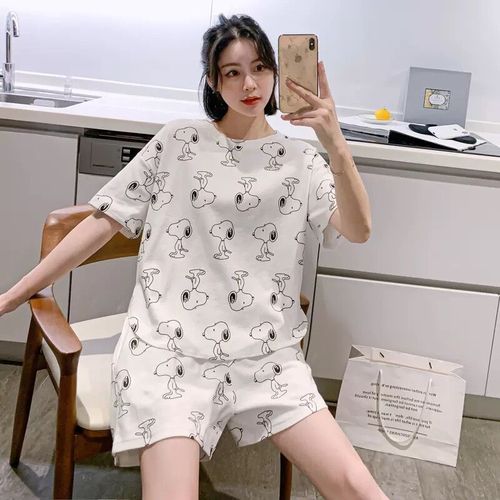 Summer Women's Cartoon Print Pajamas Ladies Pajamas Short Sleeve Shorts Sleepwear Girls Cute Printing Home Wear onesie w